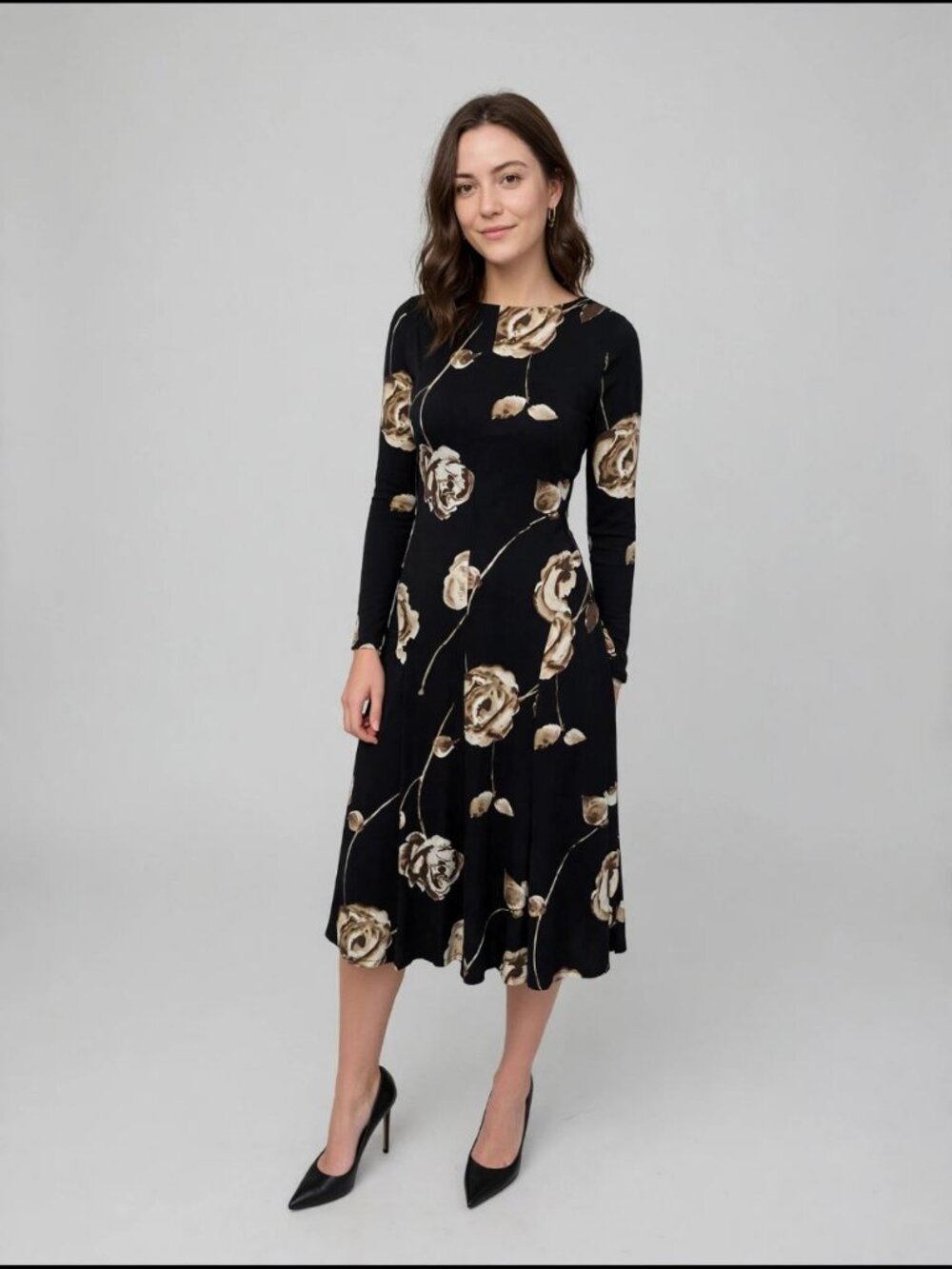 Cato Long Sleeve Stretch Dress Black Brown and Cream Floral Design Size M NWT